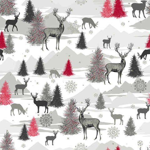 Holiday Style Deer, Trees, Mountains on Lt. Gray