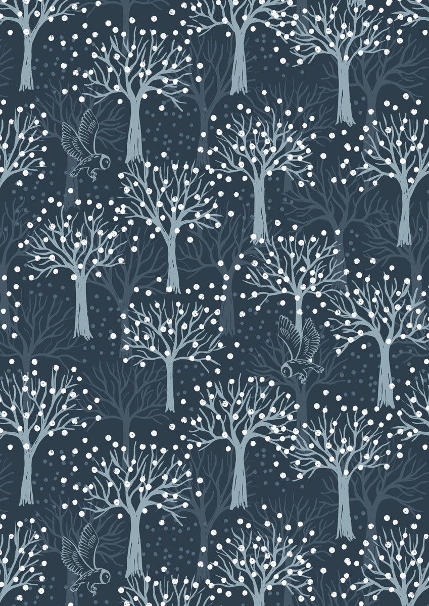 Secret Winter Garden Owl Orchard on Blue Flannel