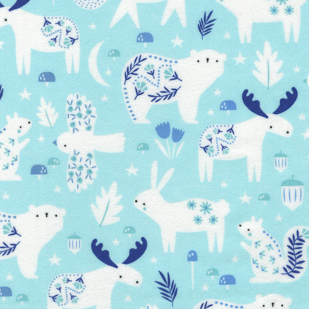 Gentle Night Animals on Aqua Flannel