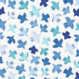 Gentle Night Blue/Aqua Birds on White Flannel