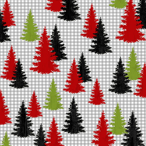 Winter Elegance Trees on Gray check Flannel